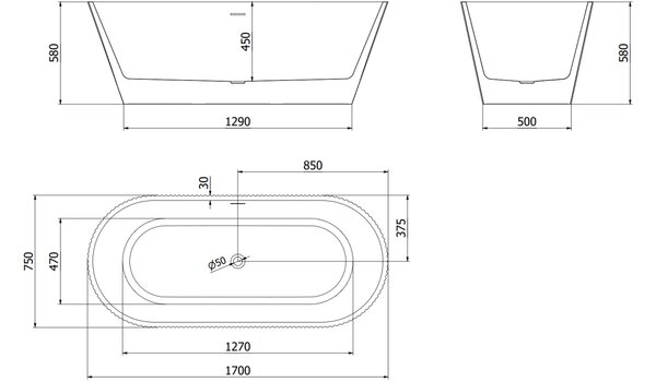 Mexen Yara ελεύθερη όρθια μπανιέρα ραβδωτή 170 x 75 cm, άσπρη, υπερχείλιση σε