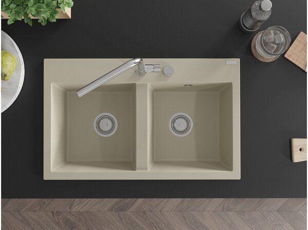 Mexen Hektor νεροχύτης γρανίτης 2-θαλάμων 800 x 480 mm, μπεζ, σιφόνι χρώμιο
