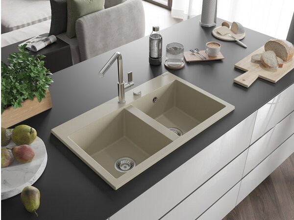 Mexen Hektor νεροχύτης γρανίτης 2-θαλάμων 800 x 480 mm, μπεζ, σιφόνι χρώμιο