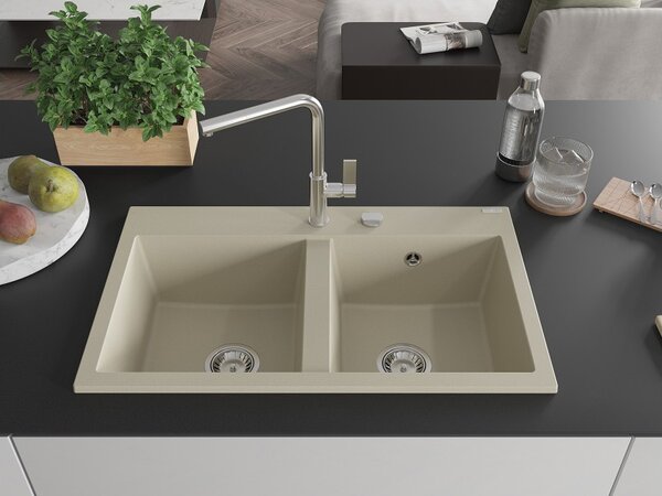 Mexen Hektor νεροχύτης γρανίτης 2-θαλάμων 800 x 480 mm, μπεζ, σιφόνι χρώμιο