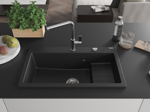 Mexen Omar νεροχύτης γρανίτη 1-διαμερίσματος 800 x 480 mm, μαύρος, σιφόν χρωμίου