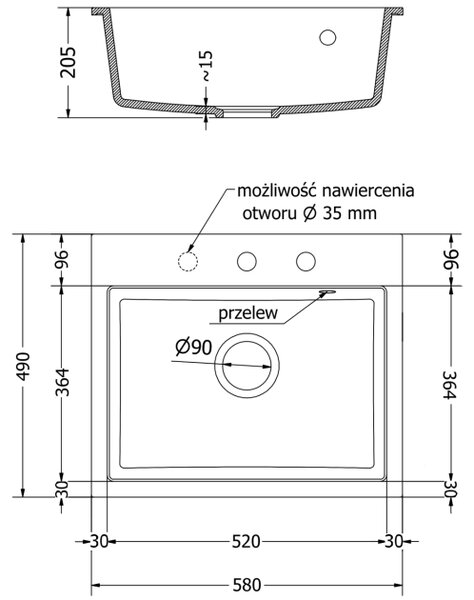 Mexen Oscar νιπτήρας γρανίτης 1 διαμέρισμα 580 x 490 mm, μπεζ, χρυσό σιφόνι