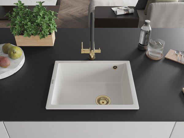 Mexen Pedro Νεροχύτης Γρανίτης 1 Θάλαμος 560 x 460 mm, Λευκός, Σιφόνι Χρυσό