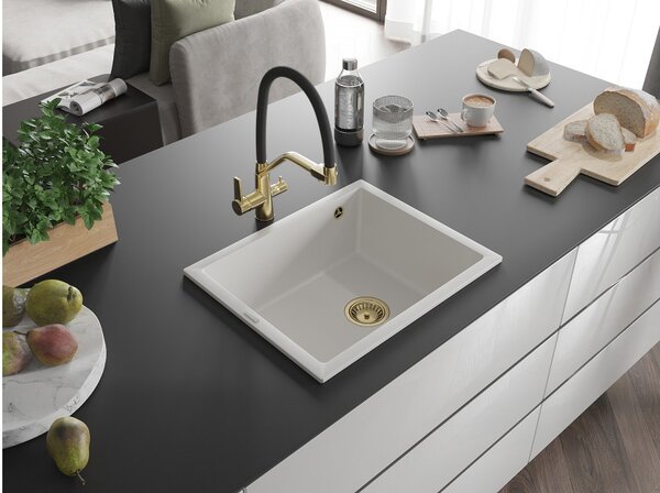 Mexen Pedro Νεροχύτης Γρανίτης 1 Θάλαμος 560 x 460 mm, Λευκός, Σιφόνι Χρυσό