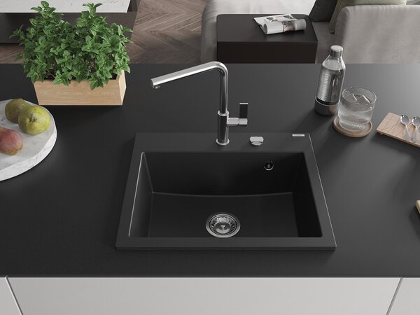 Mexen Oscar νεροχύτης γρανίτης μονής λεκάνης 580 x 490 mm, μαύρος, σιφόνι