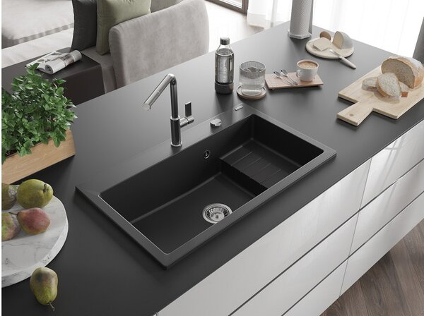 Mexen Omar νεροχύτης γρανίτη 1-διαμερίσματος 800 x 480 mm, μαύρος, σιφόν χρωμίου