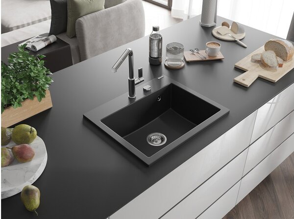 Mexen Oscar νεροχύτης γρανίτης μονής λεκάνης 580 x 490 mm, μαύρος, σιφόνι