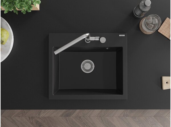 Mexen Oscar νεροχύτης γρανίτης μονής λεκάνης 580 x 490 mm, μαύρος, σιφόνι