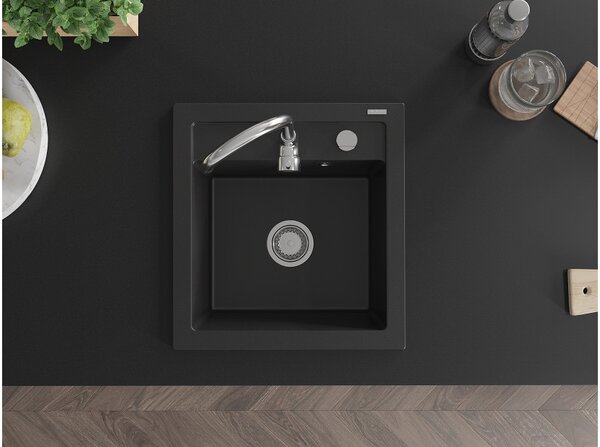 Mexen Vito νεροχύτης από γρανίτη 1 διαμερίσματος 520 x 490 mm, μαύρος, σιφόνι