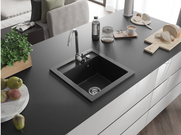 Mexen Vito νεροχύτης από γρανίτη 1 διαμερίσματος 520 x 490 mm, μαύρος, σιφόνι
