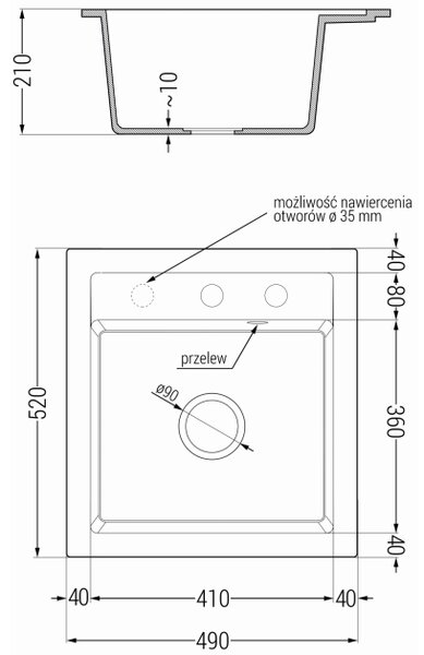 Mexen Vito νεροχύτης γρανίτης 1-διαμερισμάτος 520 x 490 mm, λευκός, σιφόνι χρυσό