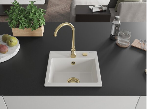 Mexen Milo νεροχύτης από γρανίτη 1-δοχείο 435 x 410 mm, λευκός, σιφόνι χρυσό