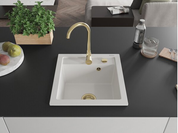 Mexen Vito νεροχύτης γρανίτης 1-διαμερισμάτος 520 x 490 mm, λευκός, σιφόνι χρυσό
