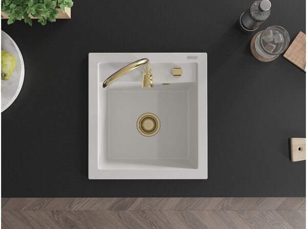 Mexen Vito νεροχύτης γρανίτης 1-διαμερισμάτος 520 x 490 mm, λευκός, σιφόνι χρυσό