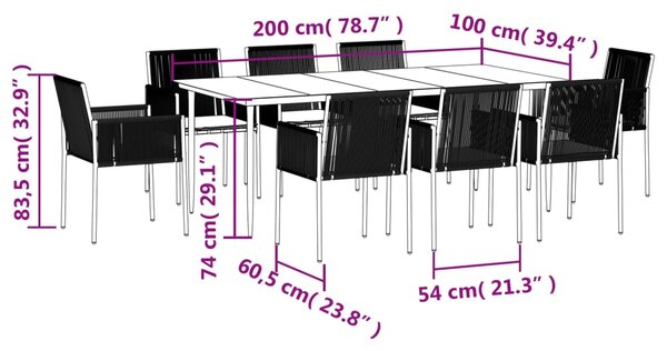 VidaXL Τραπεζαρία Κήπου Σετ 9 τεμ Μαύρο Συνθ. Ρατάν/Ατσάλι & Μαξιλάρια
