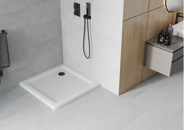Mexen Flat τετράγωνος ντους Slim 90 x 90 cm, λευκός, μαύρο σιφόνι - 40109090B