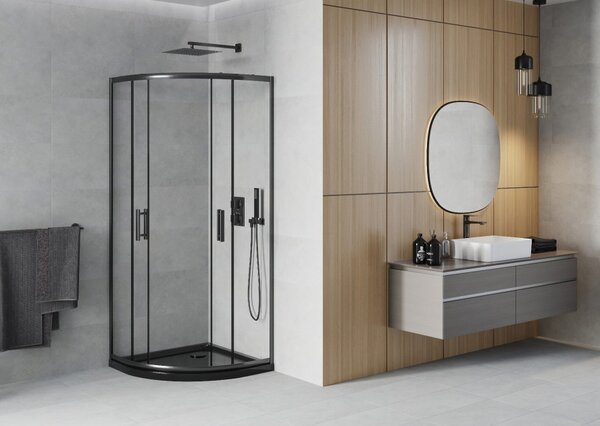 Mexen Rio ημικυκλική καμπίνα ντους 80 x 80 cm, διαφανής, μαύρη + ντουζιέρα Flat