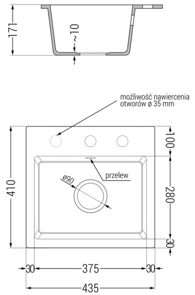 Mexen Milo νεροχύτης από γρανίτη 1-δοχείο 435 x 410 mm, λευκός, σιφόνι χρυσό