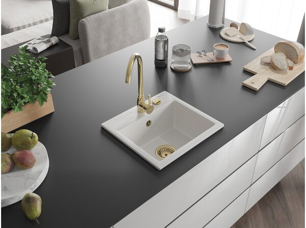 Mexen Milo νεροχύτης από γρανίτη 1-δοχείο 435 x 410 mm, λευκός, σιφόνι χρυσό