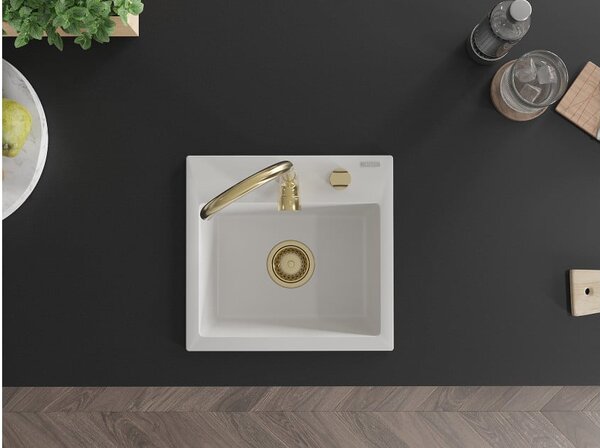 Mexen Milo νεροχύτης από γρανίτη 1-δοχείο 435 x 410 mm, λευκός, σιφόνι χρυσό