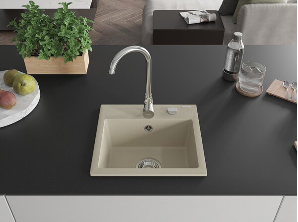 Mexen Milo νεροχύτης γρανίτης 1-διαμερίσματος 435 x 410 mm, μπεζ, σιφόνι χρώμιο