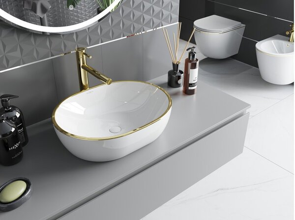 Mexen Viki νιπτήρας επιτραπέζιος 48 x 35 cm, λευκός/χρυσό χείλος - 21054805