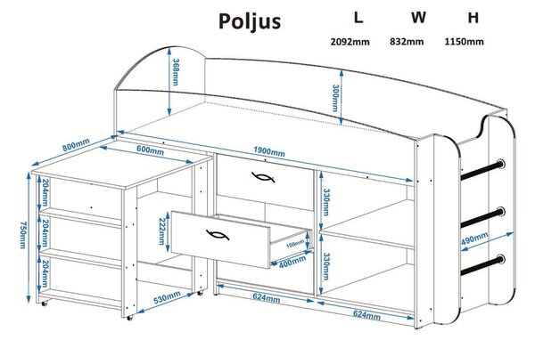 Παιδικό Κρεβάτι Κουκέτα POLYUS για Στρώμα 190x80cm Sonoma-Λευκό