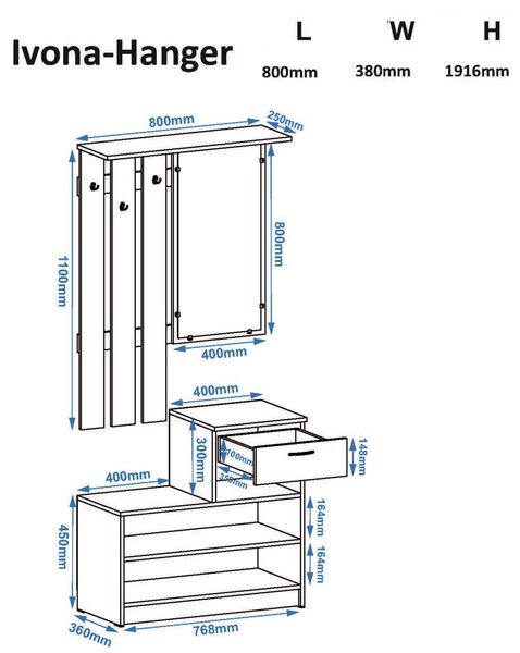 Έπιπλο Εισόδου με Κρεμάστρα/Καθρέπτη/Παπουτσοθήκη IVONA Τρούφα 80x38x191,6