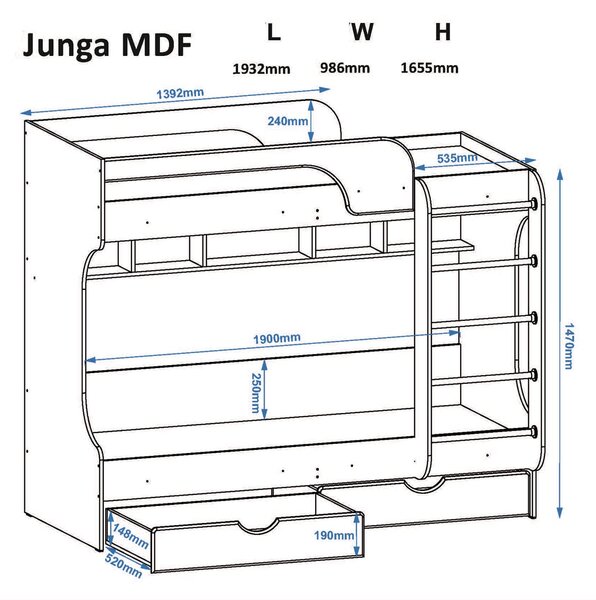 Παιδικό Κρεβάτι Κουκέτα MDF YUNGA γιά Στρώμα 190x80cm Sonoma-Βανίλια