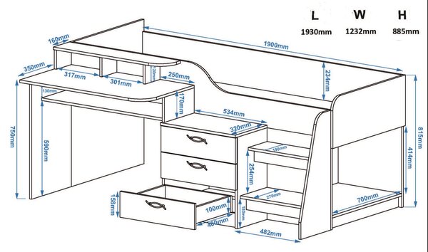 Παιδικό Κρεβάτι Κουκέτα SPACE για Στρώμα 190x70cm Ρουστίκ-Λευκό