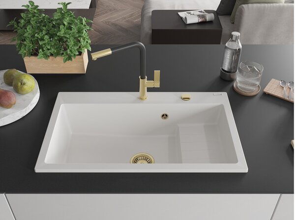 Mexen Omar νεροχύτης γρανίτη 1-θαλάμου 800 x 480 mm, λευκός, χρυσό σιφόνι