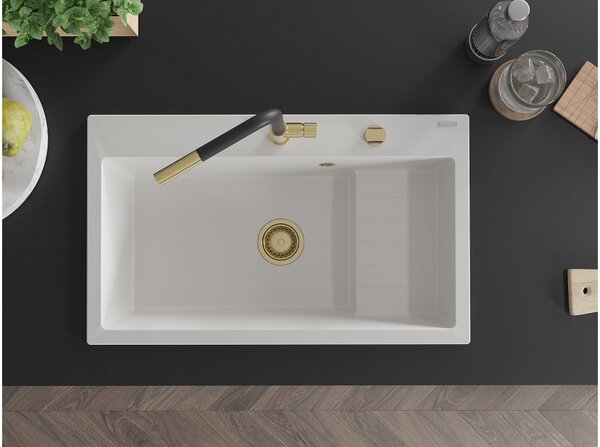 Mexen Omar νεροχύτης γρανίτη 1-θαλάμου 800 x 480 mm, λευκός, χρυσό σιφόνι