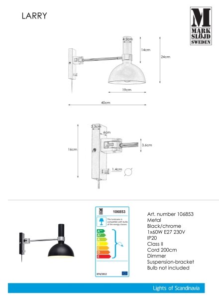 Markslöjd 106970 - Φως τοίχου με dimmer LARRY 1xE27/60W/230V