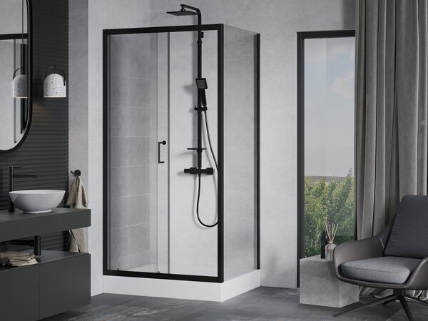 Mexen Apia συρόμενη καμπίνα ντους 120 x 90 cm, διάφανη, μαύρη + ντουζιέρα Rio