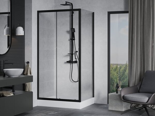 Mexen Apia συρόμενη καμπίνα ντους 120 x 90 cm, διάφανη, μαύρη + ντουζιέρα Rio