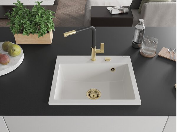 Mexen Oscar νεροχύτης γρανίτης 1-διαμερίσμα 580 x 490 mm, λευκός, σιφόνι χρυσό