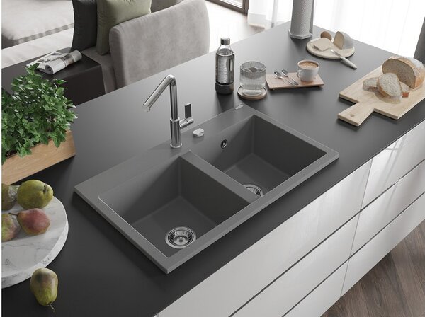Mexen Hektor νεροχύτης γρανιτένιος 2-θέσεων 800 x 480 mm, γκρι, σιφόνι χρώμιο