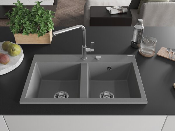 Mexen Hektor νεροχύτης γρανιτένιος 2-θέσεων 800 x 480 mm, γκρι, σιφόνι χρώμιο