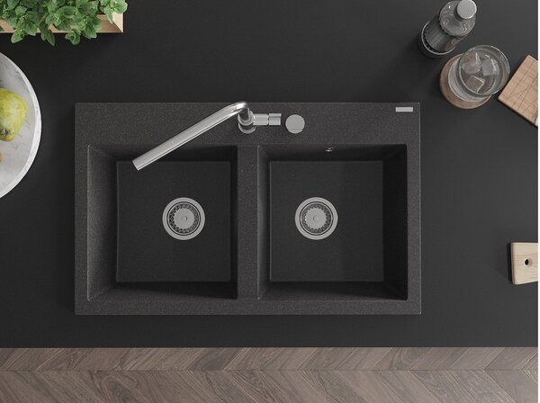Mexen Hektor Νεροχύτης Γρανίτης 2-Θαλάμων 800 x 480 mm, Μαύρος Με Κηλίδες, Σιφόνι