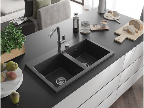 Mexen Hektor Νεροχύτης Γρανίτης 2-Θαλάμων 800 x 480 mm, Μαύρος Με Κηλίδες, Σιφόνι