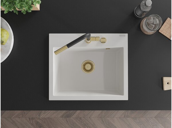Mexen Oscar νεροχύτης γρανίτης 1-διαμερίσμα 580 x 490 mm, λευκός, σιφόνι χρυσό