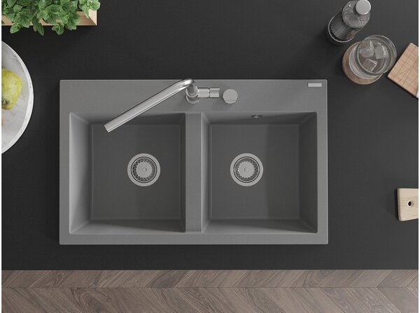 Mexen Hektor νεροχύτης γρανιτένιος 2-θέσεων 800 x 480 mm, γκρι, σιφόνι χρώμιο