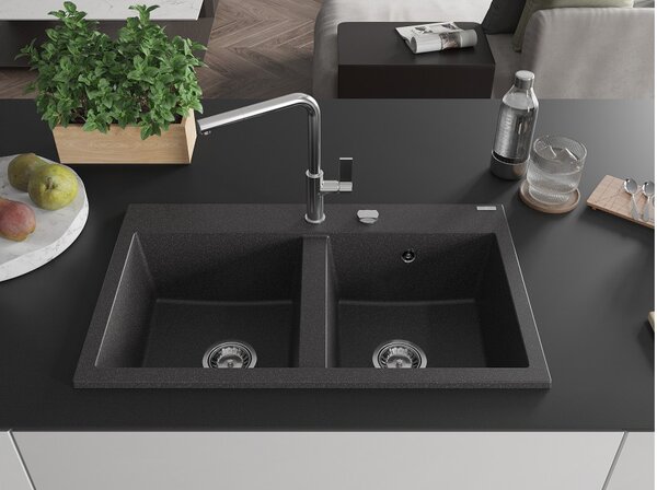 Mexen Hektor Νεροχύτης Γρανίτης 2-Θαλάμων 800 x 480 mm, Μαύρος Με Κηλίδες, Σιφόνι