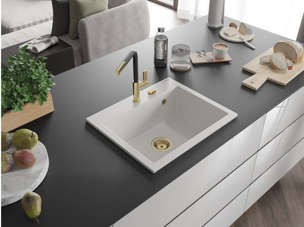 Mexen Oscar νεροχύτης γρανίτης 1-διαμερίσμα 580 x 490 mm, λευκός, σιφόνι χρυσό