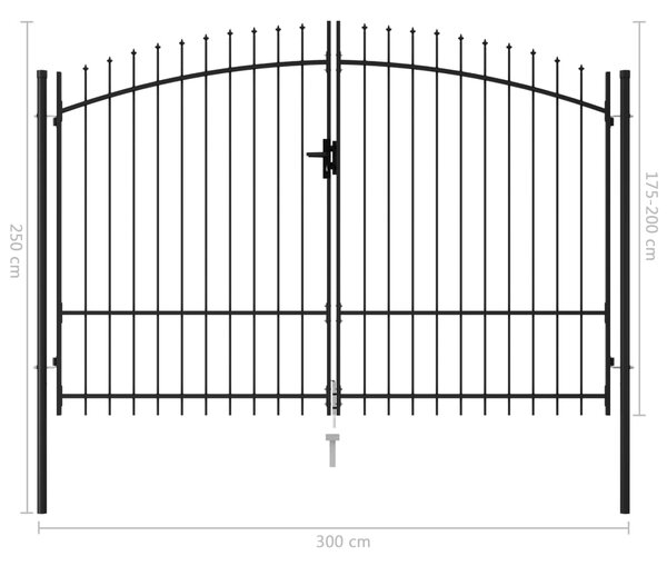 VidaXL Καγκελόπορτα Διπλή με Ακίδες Μαύρη 3 x 2 μ. Ατσάλινη