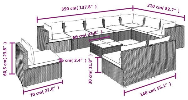 VidaXL Σαλόνι Κήπου Σετ 11 Τεμαχίων Καφέ Συνθετικό Ρατάν με Μαξιλάρια