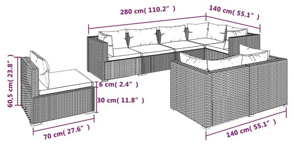 VidaXL Σαλόνι Κήπου Σετ 8 Τεμαχίων Καφέ Συνθετικό Ρατάν με Μαξιλάρια