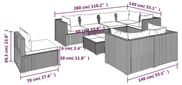 VidaXL Σαλόνι Κήπου 9 Τεμαχίων Μαύρο Συνθετικό Ρατάν με Μαξιλάρια