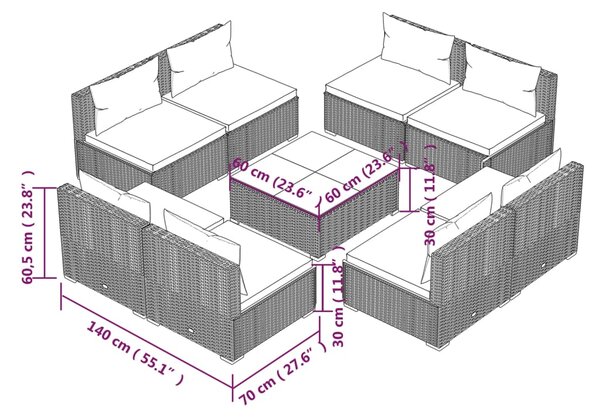 VidaXL Σαλόνι Κήπου Σετ 9 Τεμαχίων Καφέ Συνθετικό Ρατάν με Μαξιλάρια