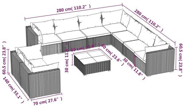 VidaXL Σαλόνι Κήπου Σετ 10 Τεμαχίων Καφέ Συνθετικό Ρατάν με Μαξιλάρια
